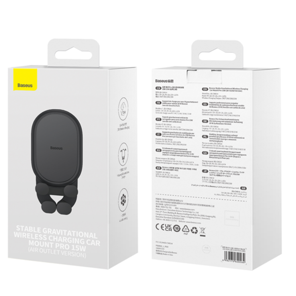 BASEUS Stabil gravitasjonsbasert mobilholder med Qi 15W trådløs lading for luftventilen