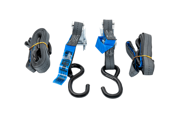 Sett med to HILLS 3m/25mm/1t transportbelter med strammer og to 0,45m seler for sikring av motorsykkelen