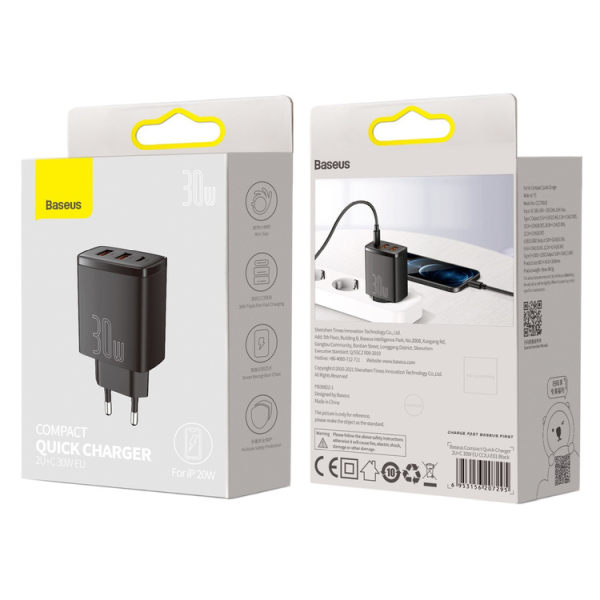 BASEUS Kompakt 2xUSB-A, USB-C vegglader