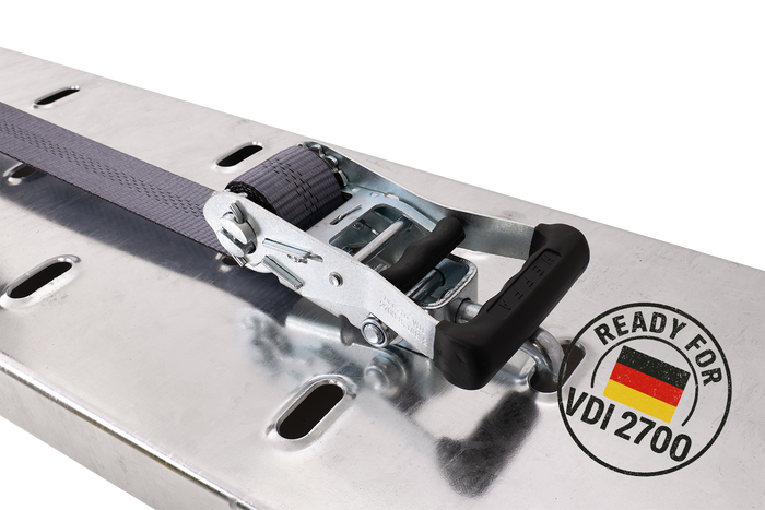 Sett med fire HEFFA CARLINE 130 tilhengertransportbelter, hjulsikringsbelter 2,8m/50mm/5t VDI 2700