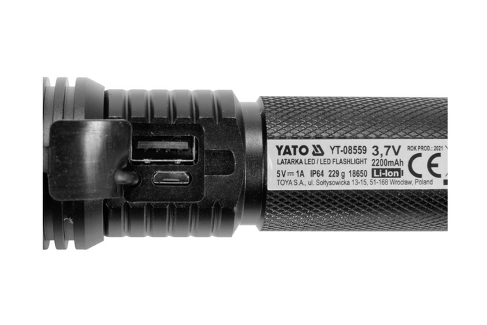 YATO YT-085609 LED 900lm multifunksjonslommelykt, powerbank, flaskeåpner, nødhammer