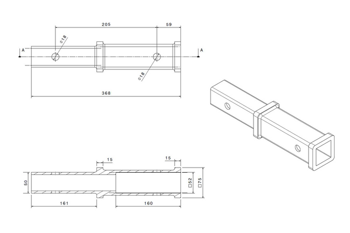 Tilhengerfesteforlenger 2" XIMPLIO 205mm 51x51mm