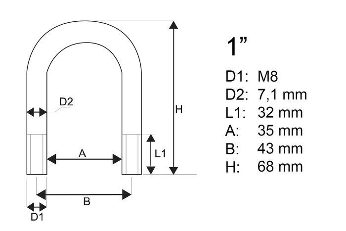M8 rund u-bolt med muttere og skiver 35/68