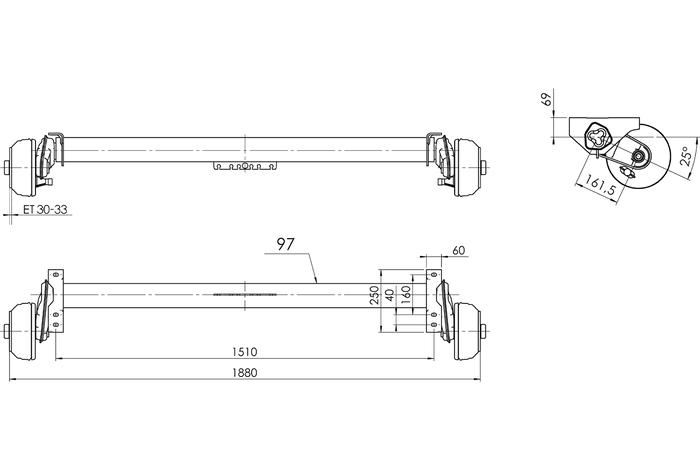 AL-KO COMPACT bremseaksel for tilhenger / bergingsbil 1350kg 1510mm 1880mm 5x112