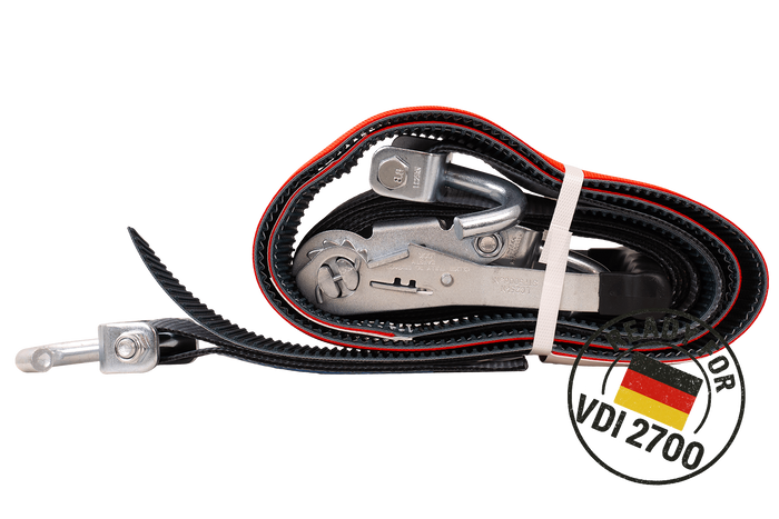 Sett med fire HEFFA CARLINE 130 tilhengertransportbelter, hjulsikringsbelter 5m/50mm/5t VDI 2700