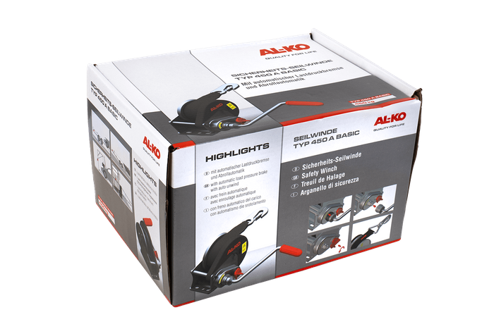 Vinsj, håndvinsj for AL-KO trekkbilhenger 450kg med 6m belte, brems og automatisk avvikling