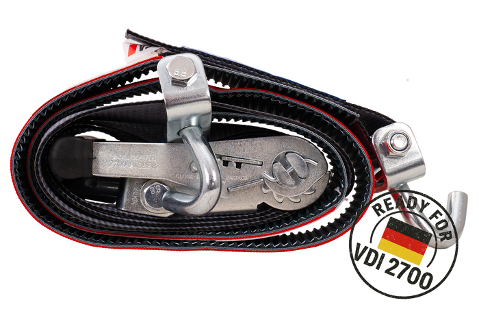Sett med fire HEFFA CARLINE 130 tilhengertransportbelter, hjulsikringsbelter 2,8m/50mm/5t VDI 2700
