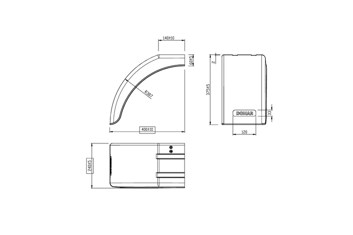 Høyre halvdel av skvettskjerm for tilhenger DOMAR DR1014002 hjulbue 400/240mm