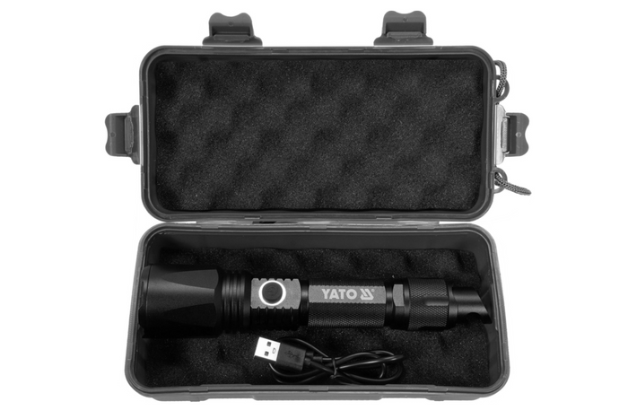 YATO YT-085609 LED 900lm multifunksjonslommelykt, powerbank, flaskeåpner, nødhammer
