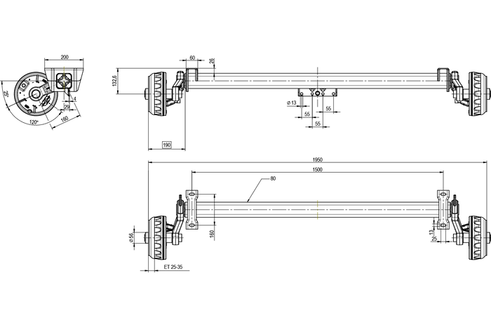 KNOTT VGB13 bremseaksel for tilhenger / bergingsbil 1350kg 1500mm 1950mm 4x100