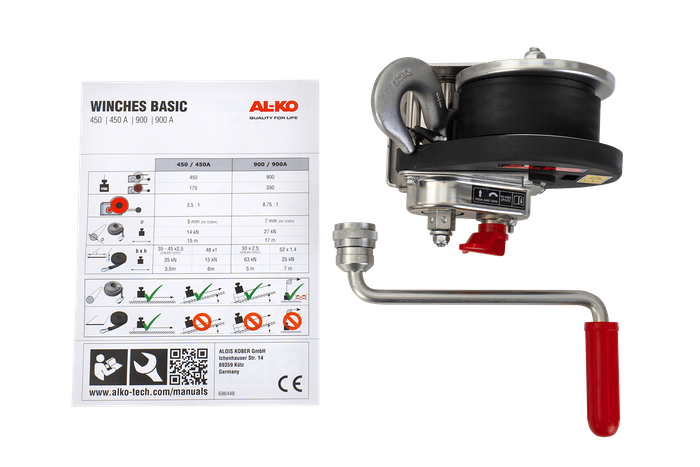 Vinsj, håndvinsj for AL-KO trekkbilhenger 450kg med 6m belte, brems og automatisk avvikling