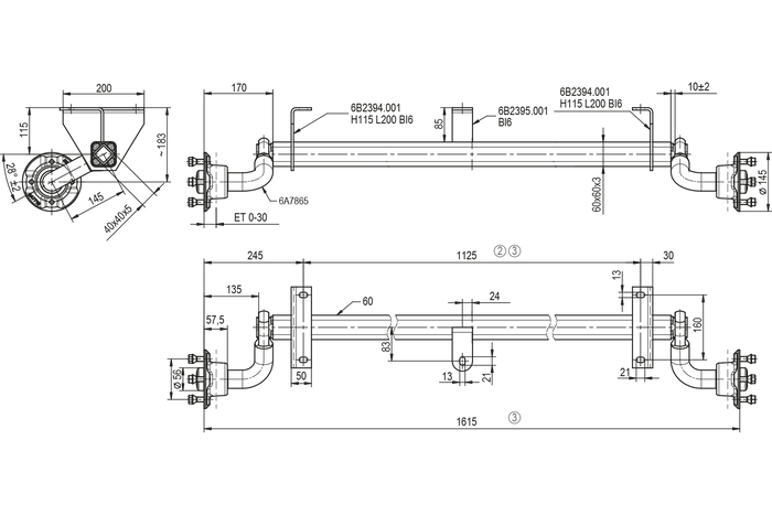 KNOTT VG7-L ubremset aksel for tilhenger 750kg 1125mm 1615mm 4x100
