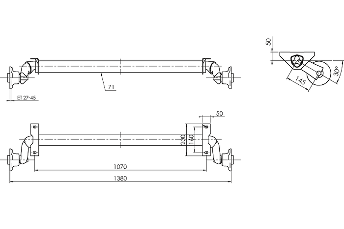 AL-KO OPTIMA ubremset aksel for tilhenger 750kg 1070mm 1380mm 4x100