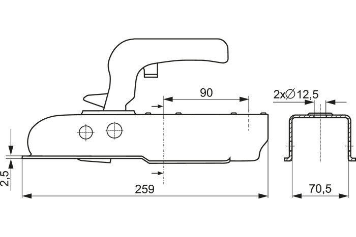 STEELPRESS ZSK-0750J kulefeste for en 750 kg tilhenger med 70 mm firkantet drag