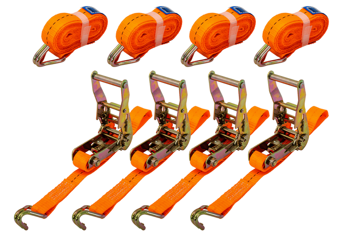 Sett med fire UNITRAILER 4m/25mm/1t oransje transportbelter med strammer