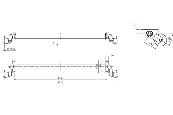 AL-KO OPTIMA ubremset aksel for tilhenger 750kg 1400mm 1710mm 4x100