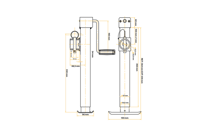 Uttrekkbar støtte med UNITRAILER TJ5001+TJ5002A adapter for 1300 kg flatbed-tilhenger 364–614 mm