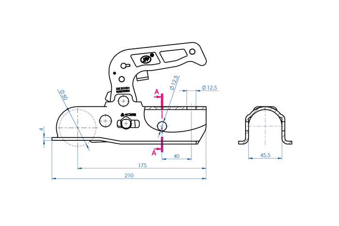 STEELPRESS BC-1700A kulekobling for 1700 kg tilhenger med 45 mm rørformet trekkstang