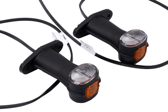 Sett med to ASPÖCK SUPERPOINT II universelle markeringslamper på en gummiarm