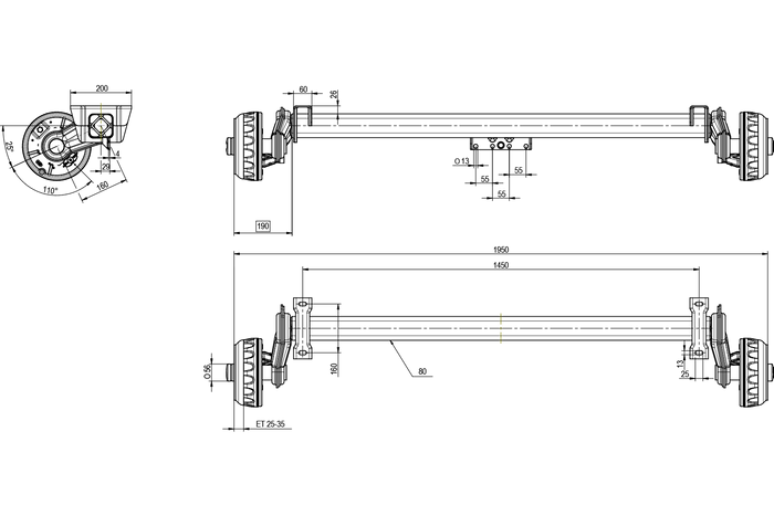 KNOTT VGB13M bremseaksel for tilhenger / bergingsbil 1350kg 1450mm 1950mm 5x112