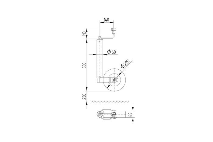 Støttehjul med klemme KNOTT TK60+KLE60 250kg 60mm 530-760mm