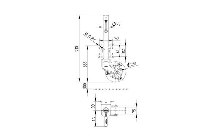 KNOTT TK57 svingbart støttehjul med håndtak 500 kg 57 mm