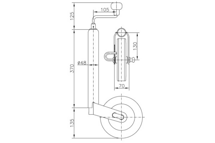 UNITRAILER støttehjul 150 kg 48 mm 505-730 mm
