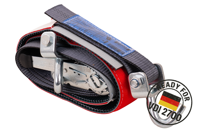 Sett med fire HEFFA CARLINE 130 tilhengertransportbelter, hjulsikringsbelter 2,8m/50mm/5t VDI 2700