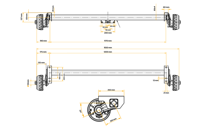 KNOTT VGB13M bremset aksel for tilhenger/biltransportør 1350 kg 1200 mm 1550 mm 5x112