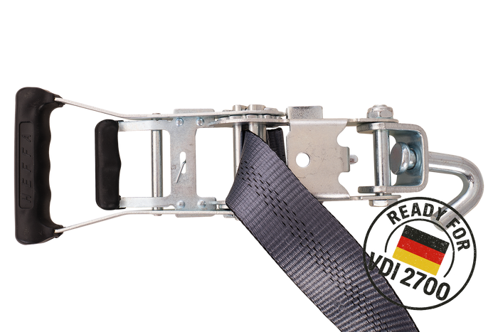 Sett med fire HEFFA CARLINE 130 tilhengertransportbelter, hjulsikringsbelter 2,8m/50mm/5t VDI 2700