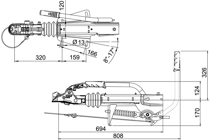 AL-KO 251G overløpsanordning med AK301 tilhengerfeste for en 3000 kg tilhenger med V-type drag