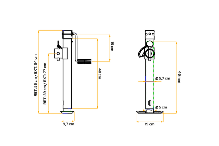 Uttrekkbar støtte med UNITRAILER TJ5002+TJ5002A adapter for 1300 kg flatbed-tilhenger 560–940 mm