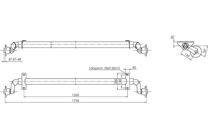 AL-KO OPTIMA ubremset aksel for tilhenger 750 kg 1260 mm 1720 mm 4x100