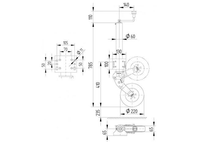 KNOTT ATK60 forsterket støttehjul med håndtak 350 kg 60 mm
