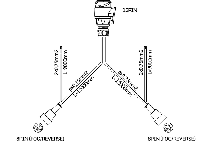 MANTES elektrisk installasjon, tilhenger trekkbil sele, 12 m, 13 PIN støpsel, 2x 8 PIN bajonetter