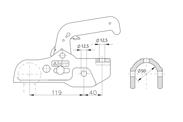WINTERHOFF WW 350-RB-K1212 kulekobling for en 3500 kg tilhenger med et 50 mm støpejernsrørstrekk
