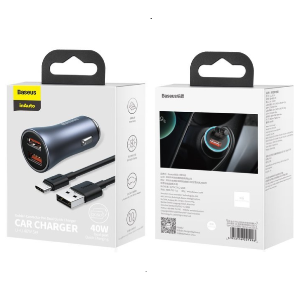 BASEUS Golden Pro 2xUSB 40W billadersett + USB-kabel