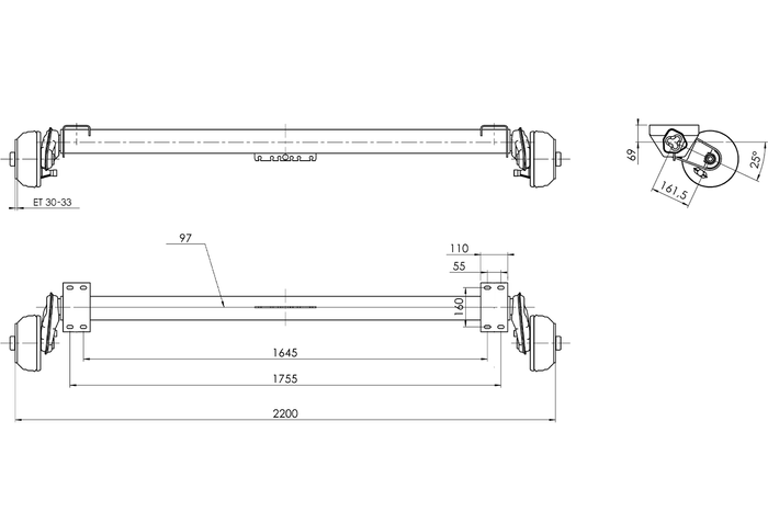 AL-KO COMPACT bremseaksel for båthenger 1350kg 1645/1755mm 2200mm 5x112