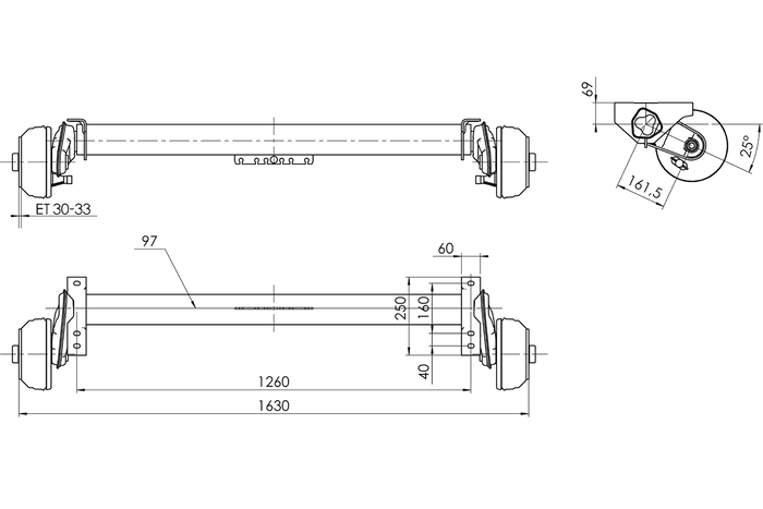 AL-KO COMPACT bremseaksel for tilhenger / bergingsbil 1350kg 1260mm 1630mm 5x112