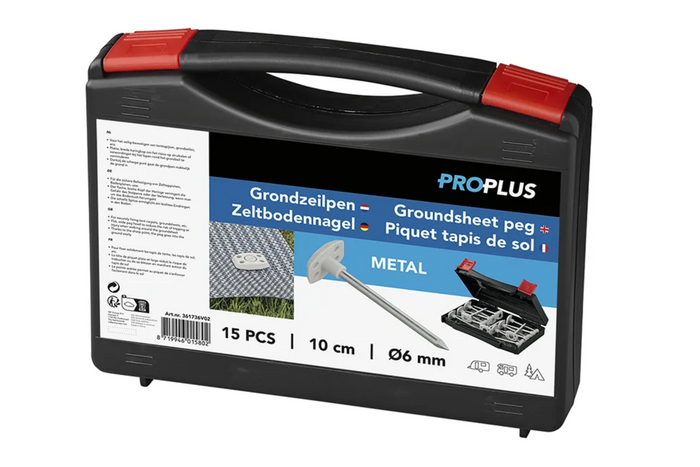 Sett med teltplugger ProPlus 361736V02 metallplugger i en eske 15 stk.