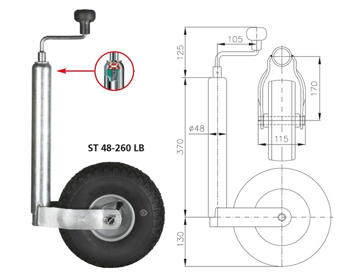 WINTERHOFF ST48-260LB støttehjul 150 kg 48 mm 500-710 mm