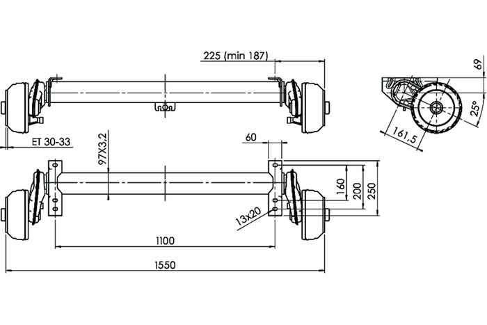 AL-KO COMPACT bremset aksel for tilhenger/bærer 1350 kg 1100 mm 1550 mm 5x112