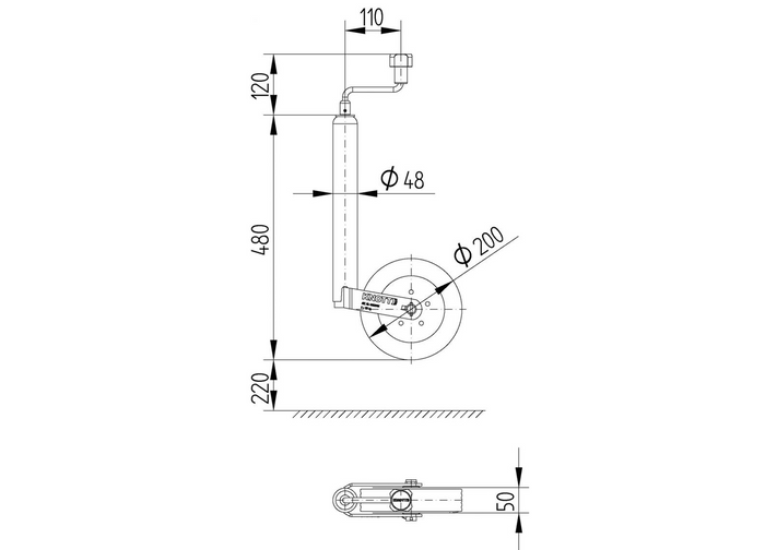 KNOTT TK48 støttehjul 150kg 48mm 480-700mm