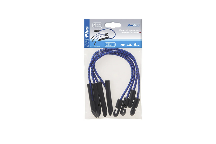 Sett med fire ProPlus 342180 presenningklemmer, fleksible multifunksjonssnorer, 280 mm