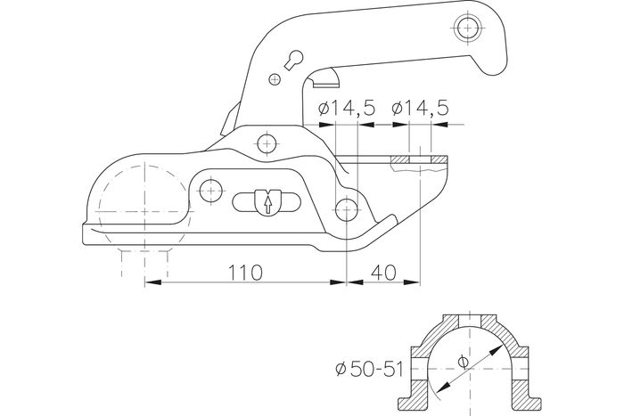 WINTERHOFF WW30-D3-K1414 kulefeste for en 3000 kg tilhenger med 50 mm rørdrag, støpejern