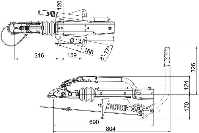 AL-KO 161S påløpsanordning med AK161 tilhengerfeste for en 1600 kg tilhenger med V-type drag