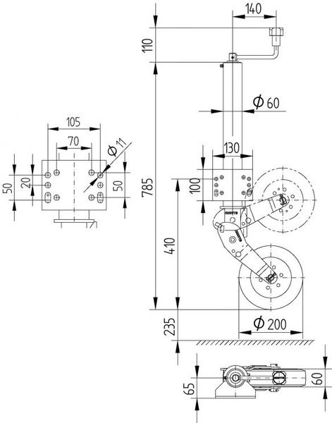 KNOTT ATK60 automatisk støttehjul med håndtak 250 kg 60 mm