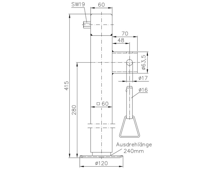 WINTERHOFF SF60-19-280 uttrekkbar sveivstøtte for 1300 kg flatbed-tilhenger 415-655 mm