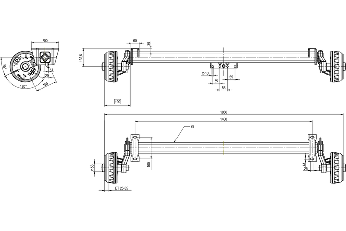 KNOTT VGB13 bremseaksel for tilhenger / bergingsbil 1350kg 1400mm 1850mm 5x112