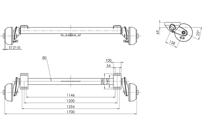 AL-KO COMPACT bremseaksel for båthenger 1000kg 1146/1254mm 1700mm 5x112